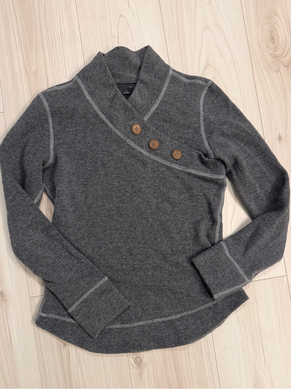 Prana Charcoal Gray Shawl-Collar Button Pullover-Wool Blend
